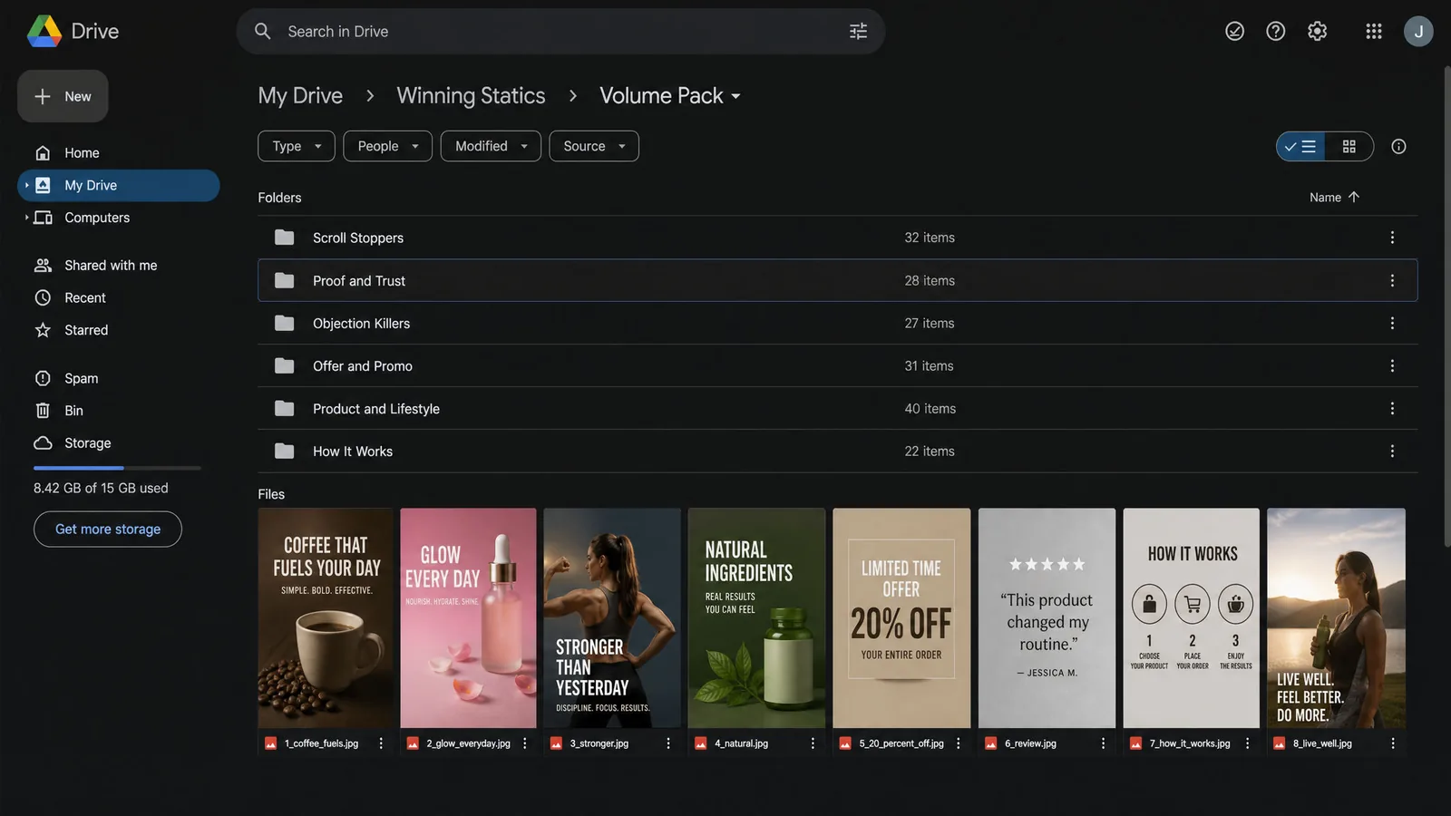 The delivery folder, sorted by creative style